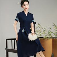 秀觀唐蓝岳2024夏装汉服交领绣花新中式国风改良旗袍连衣裙 蓝色 XXXL