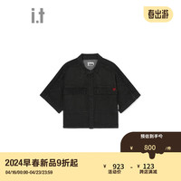 izzue it 女装牛仔短袖衬衫2024夏季酷感街头风短上衣8505A4M BKX/黑色 XS