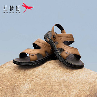红蜻蜓凉鞋男2024夏季舒适凉拖鞋中老年人沙滩鞋 WTT24016黄棕色42