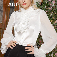 AUI白色法式雪纺衫女2024春季设计感小众荷叶边气质立领上衣 白色 S