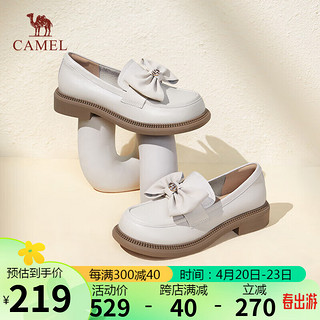 CAMEL 骆驼 乐福鞋女优雅蝴蝶结牛皮革粗跟套脚单鞋 L24S007018 米白 35