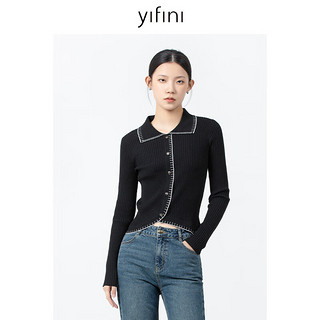 易菲（YIFINI）翻领刻度针织毛衫女春秋黑色长袖复古上衣B09M3935 黑色 XS