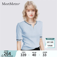 MeetMetro玛依尔针织短袖T恤女2024春夏撞色修身休闲减龄上衣 蓝色 L