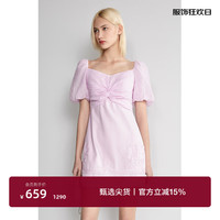 ochirly欧时力 扭结连衣裙2024夏装短款A字甜美泡泡袖公主裙 紫色 S
