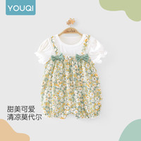 优奇 女宝宝衣服夏季短袖薄款爬服假两件背带小公主哈衣夏装婴儿连体衣 青枝绿 80cm