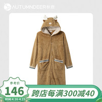 秋鹿睡袍女士冬季法兰绒加厚保暖可爱小鹿帽长款浴袍可外穿长裙 土黄色55 XXL