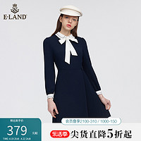 E·LAND 衣恋 Eland衣恋长袖连衣裙女藏青色显瘦蝴蝶结通勤职业裙子夏季