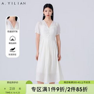 阿依莲（A.YILIAN）醋酸垂坠感连衣裙女士夏季2024V领短袖收腰气质中长裙 杏色 L