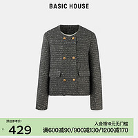 BASIC HOUSE/百家好羊毛织小香风羽绒服女2024冬季精致上衣 黑色 S