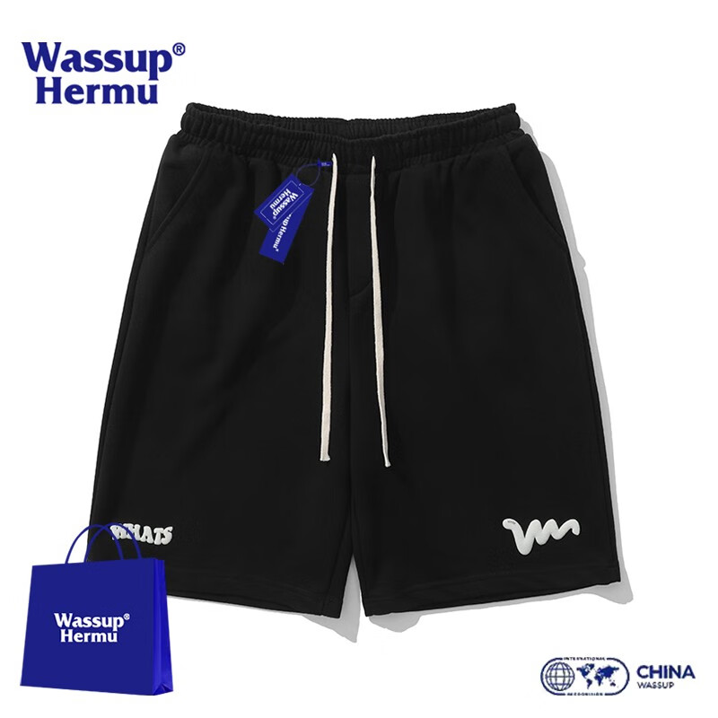 WASSUP HERMU美式纯色运动篮球短裤男士夏季宽松休闲青少年五分沙滩中裤子 黑色 XL（145-165斤）