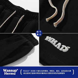 WASSUP HERMU美式纯色运动篮球短裤男士夏季宽松休闲青少年五分沙滩中裤子 黑色 XL（145-165斤）