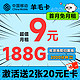  低费好用：中国移动 羊毛卡 半年9元月租（本地号码+188G全国流量）激活送2张20元E卡　