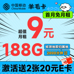 China Mobile 中国移动 羊毛卡 半年9元月租（本地号码+188G全国流量）激活送2张20元E卡