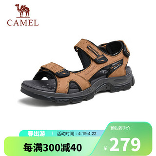 骆驼（CAMEL）牛皮透气厚底增高男士休闲凉鞋子 G14M307634 驼色 39