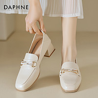 DAPHNE 达芙妮 粗方跟乐福鞋女通勤百搭2024年春季新款米白色一脚蹬软皮鞋