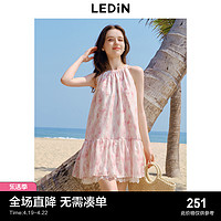 LEDIN 乐町 山茶少女挂脖短裙24年夏季新款粉色晕染碎花连衣裙A版娃娃裙