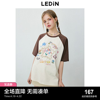 LEDIN 乐町 元气多巴胺插肩袖拼色短袖2024夏季新款涂鸦设计休闲宽松T恤