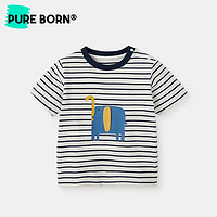 博睿恩（Pureborn）儿童t恤夏季宝宝短袖T恤婴幼薄款纯棉卡通衣服 细藏青条 100cm 2-3岁