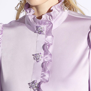 AUI紫色衬衫女2024春秋季设计感泡泡袖立领小众上衣高级感衬衣 紫色 S