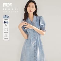 夏装复古牛仔腰部收褶显瘦泡泡袖女式短款连衣裙
