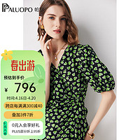 帕罗（PALUOPO）14姆米双绉真丝女士连衣裙24春夏100%桑蚕丝V领A字茶歇裙 黑绿色 L(165/88A)