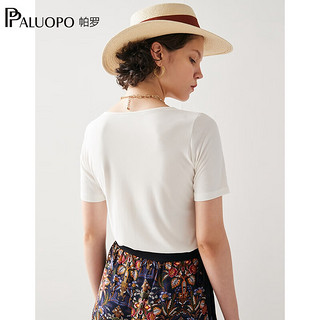 帕罗（PALUOPO）纯色莫代尔v领短袖t恤女交叠领打底衫24春夏上装性感半袖衣服 白色 L(165/88A)
