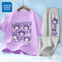真维斯童装女童运动套装2024儿童短袖纯棉夏季女孩衣服洋气时髦薄款夏装 【套装】浅紫/开心猫-浅灰/兔 140