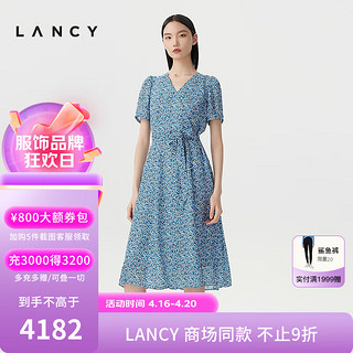 朗姿/LANCY2024夏季法式气质真丝印花连衣裙女短袖V领A字裙 雾霾蓝色2 3XL