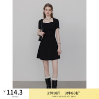 EGGKA 收腰褶皱连衣裙2024夏季小个子修身显瘦方领短袖a字短裙 黑色 L