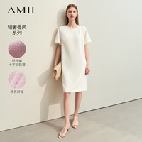 AMII2024春极简轻奢香风肌理流苏拼接短袖直筒中长连衣裙女款 米白 165/88A/L