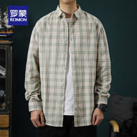 罗蒙(ROMON)男士翻领长袖格纹休闲装衬衫2024春季时尚百搭中青年上衣 米色 XL(115-135斤)