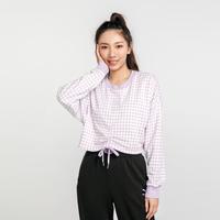 春秋短款抽绳卫衣纯棉时尚辣妹活力格纹圆领女款休闲运动套头衫