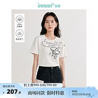茵曼（INMAN）纯棉猫咪图案T恤2024夏季女装显瘦短袖上衣 米白色 S