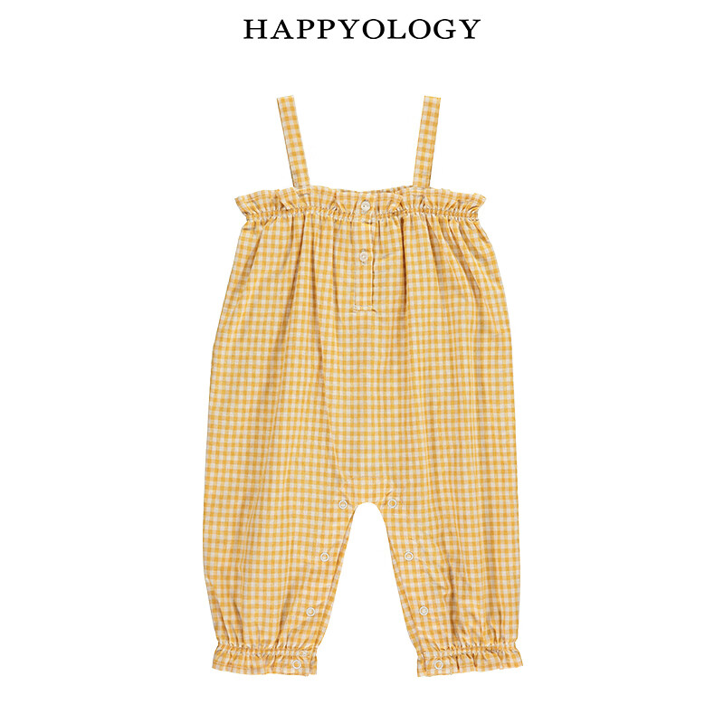 happyology夏季婴幼儿印花连体衣吊带连体裤夏款碎花 黄白格纹 59cm