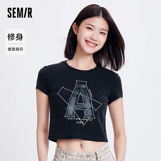 森马（Semir）短袖T恤女短款字母修身潮流2024复古做旧夏装 黑色90001 170/92A/XL