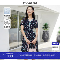 娜尔思(NAERSI)2024春夏短袖连衣裙印花V领中长款拼接裙子女 暗青紫色 2XL