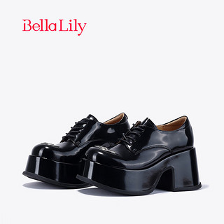Bella Lily2024春季欧美牛皮增高鞋女粗跟休闲鞋减龄高跟鞋子 黑色 35