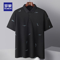 罗蒙含桑蚕丝男士休闲印花短袖POLO2024夏季翻领T恤男 黑色 170