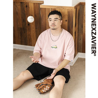 韦恩泽维尔 WAYNEXZAVIER大码重磅纯棉t恤男宽松夏季加肥加大刺绣圆领半袖8683 粉色 2XL(190斤-210斤)