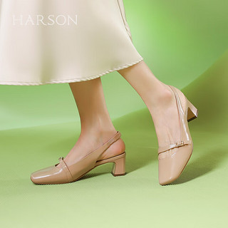 哈森【】2024夏季方头纯色粗跟后空玛丽珍女凉鞋HM247001 杏色 35