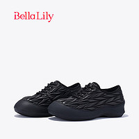 Bella Lily2024春季潮流褶皱休闲鞋女羊皮系带单鞋减龄苦瓜鞋 黑色 36