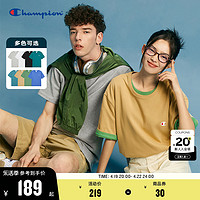 Champion 冠军2024春夏新品纯棉纯色女圆领情侣短袖T恤多巴胺上衣