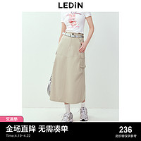 LEDIN 乐町 工装口袋长款半裙24夏季新款甜酷长裙休闲挺括米色A字半身裙