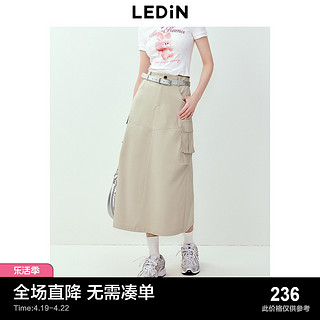 LEDIN 乐町 工装口袋长款半裙24夏季新款甜酷长裙休闲挺括米色A字半身裙