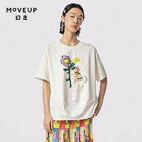 MOVEUP 幻走 2024夏季新款.FUN系列水彩卡通印花开衩设计短款T恤女