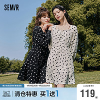 Semir 森马 连衣裙女肌理木耳边碎花裙气质2022秋季新款温柔风收腰方领裙