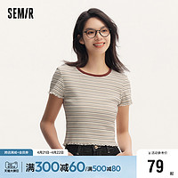 Semir 森马 [商场同款]森马短袖T恤女短款紧身木耳边2024新款条纹夏装多巴胺