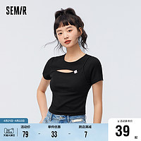 Semir 森马 短袖T恤女2023年新款夏季短款紧身镂空性感小心机截短小上衣