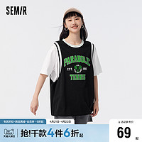 Semir 森马 短袖T恤女中长款字母印花纯棉夏季oversize假两件上衣学院风