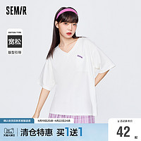 Semir 森马 短袖T恤女v领宽松字母套头衫2022夏季新款女士简约打底衫上衣